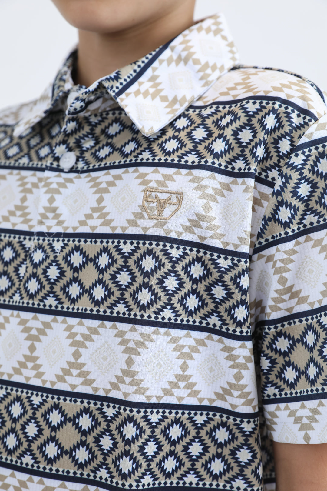 Kids Performance Fabric Modern Fit Stretch Aztec Print White Polo