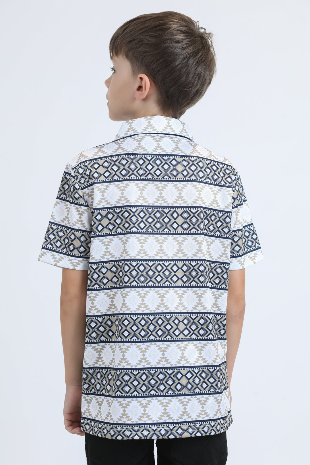 Kids Performance Fabric Modern Fit Stretch Aztec Print White Polo