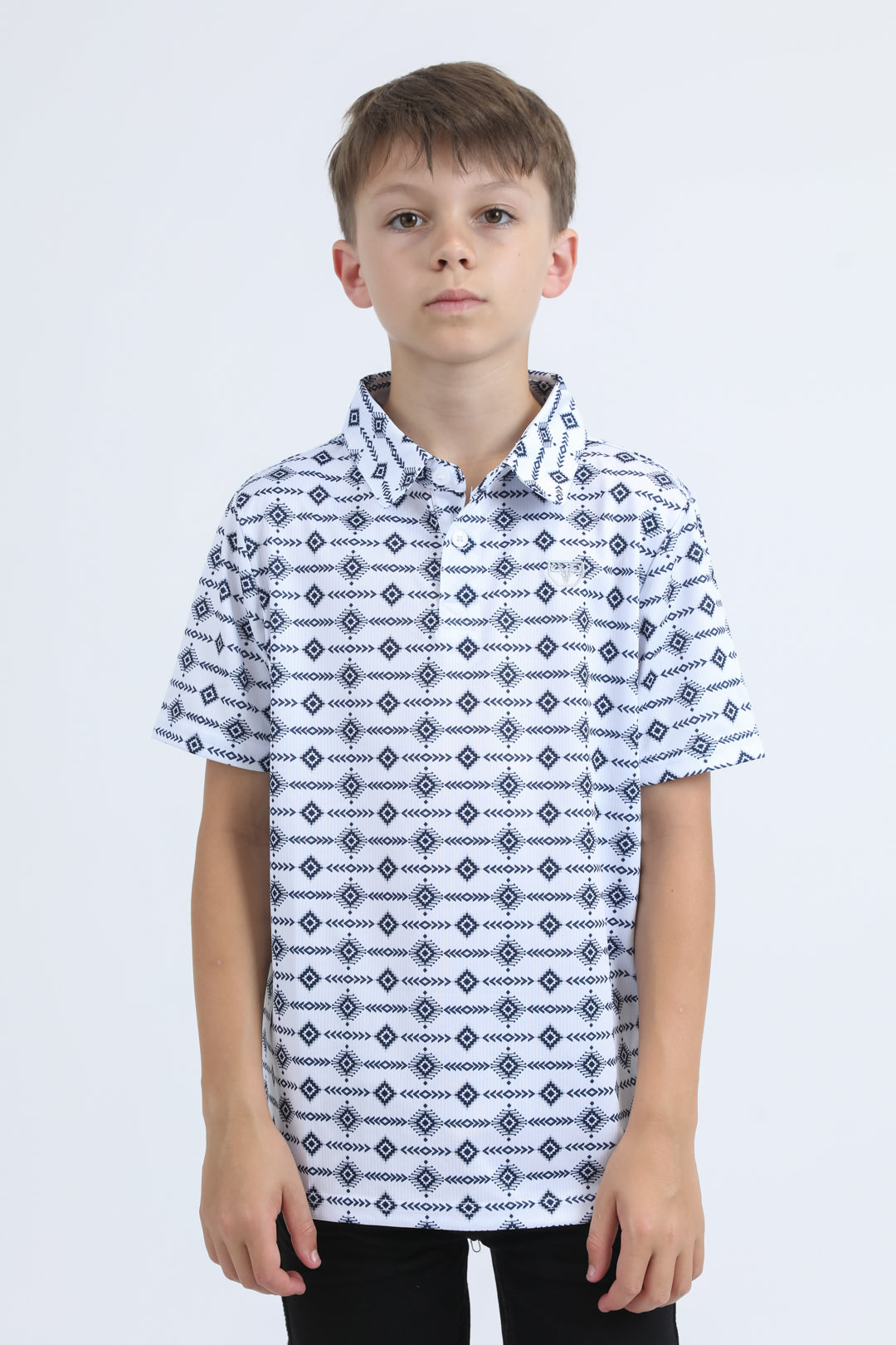 Kids Performance Fabric Modern Fit Stretch Aztec Print White Polo
