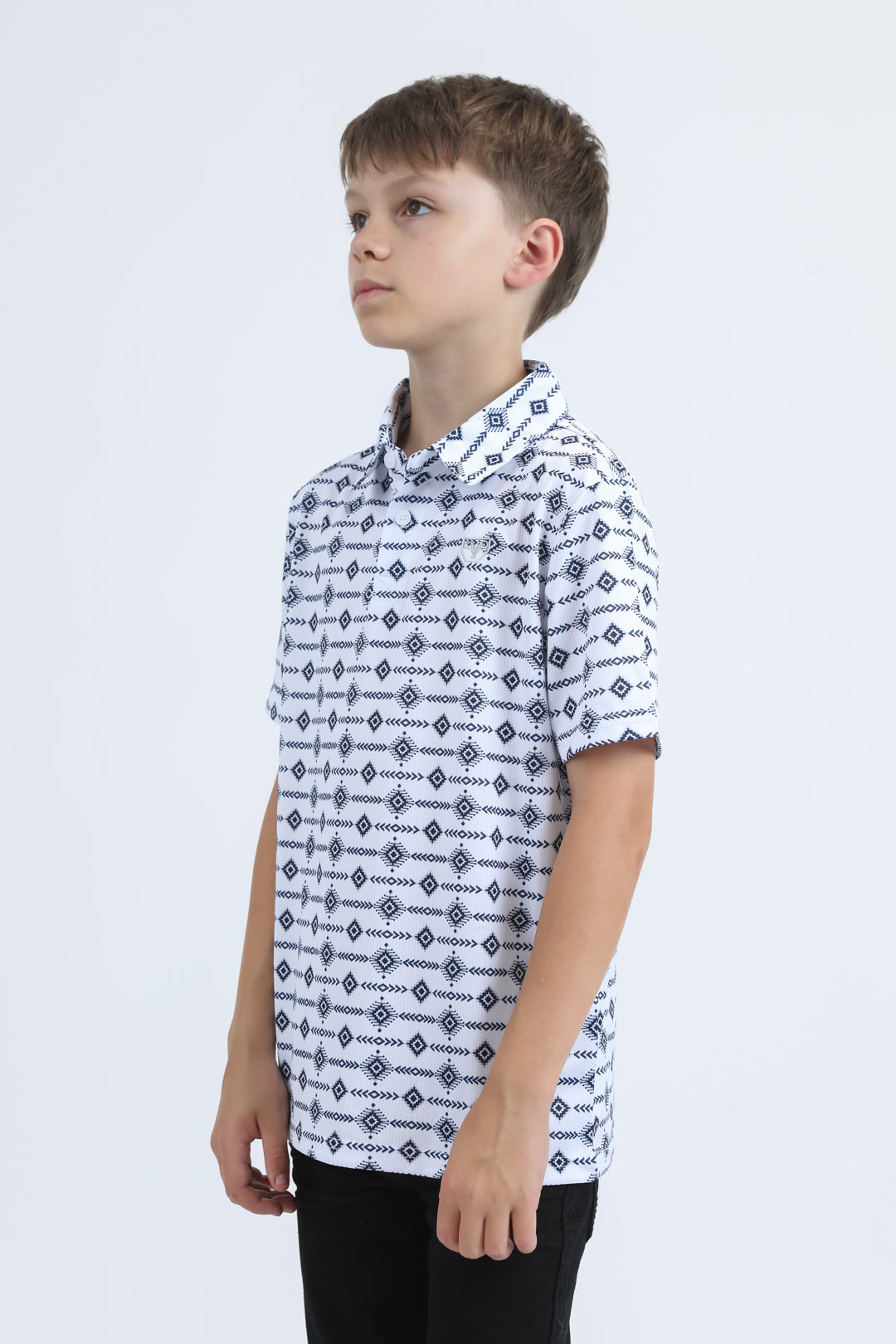Kids Performance Fabric Modern Fit Stretch Aztec Print White Polo