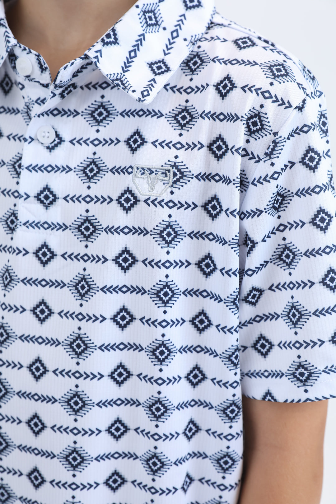 Kids Performance Fabric Modern Fit Stretch Aztec Print White Polo