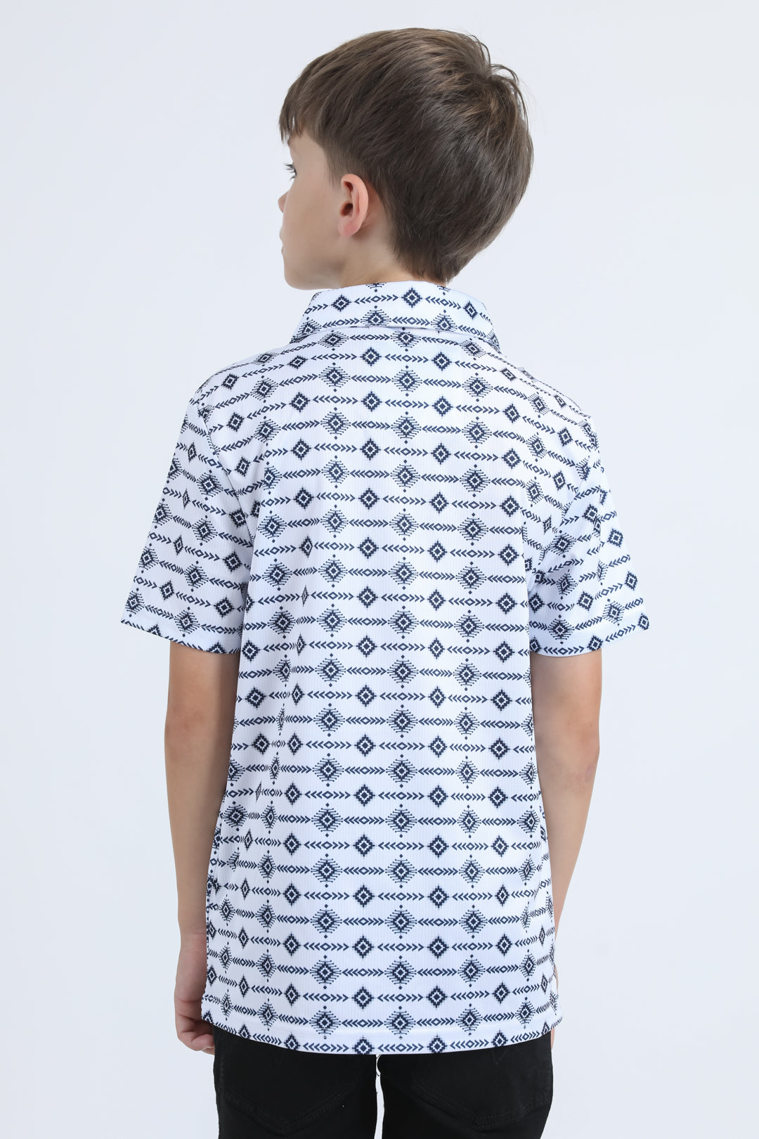 Kids Performance Fabric Modern Fit Stretch Aztec Print White Polo