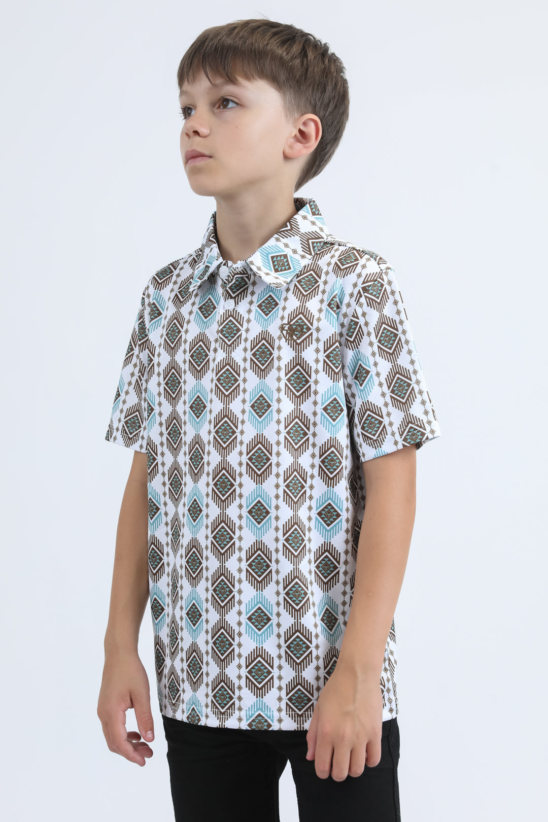 Kids Performance Fabric Modern Fit Stretch Aztec Print White Polo