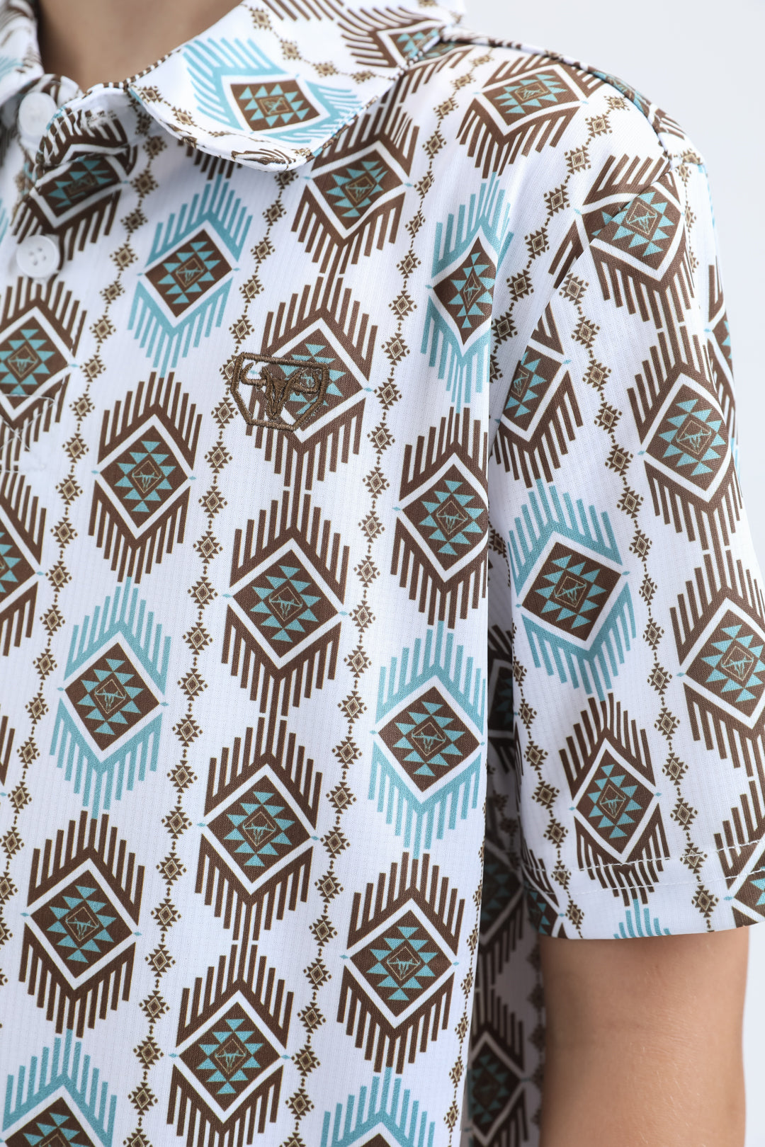Kids Performance Fabric Modern Fit Stretch Aztec Print White Polo