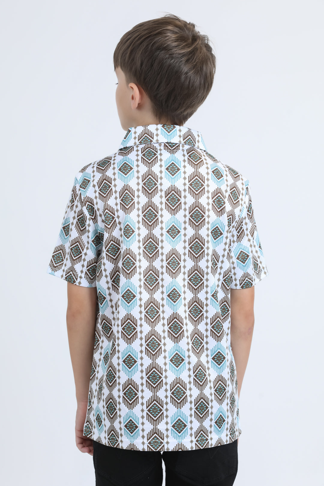 Kids Performance Fabric Modern Fit Stretch Aztec Print White Polo