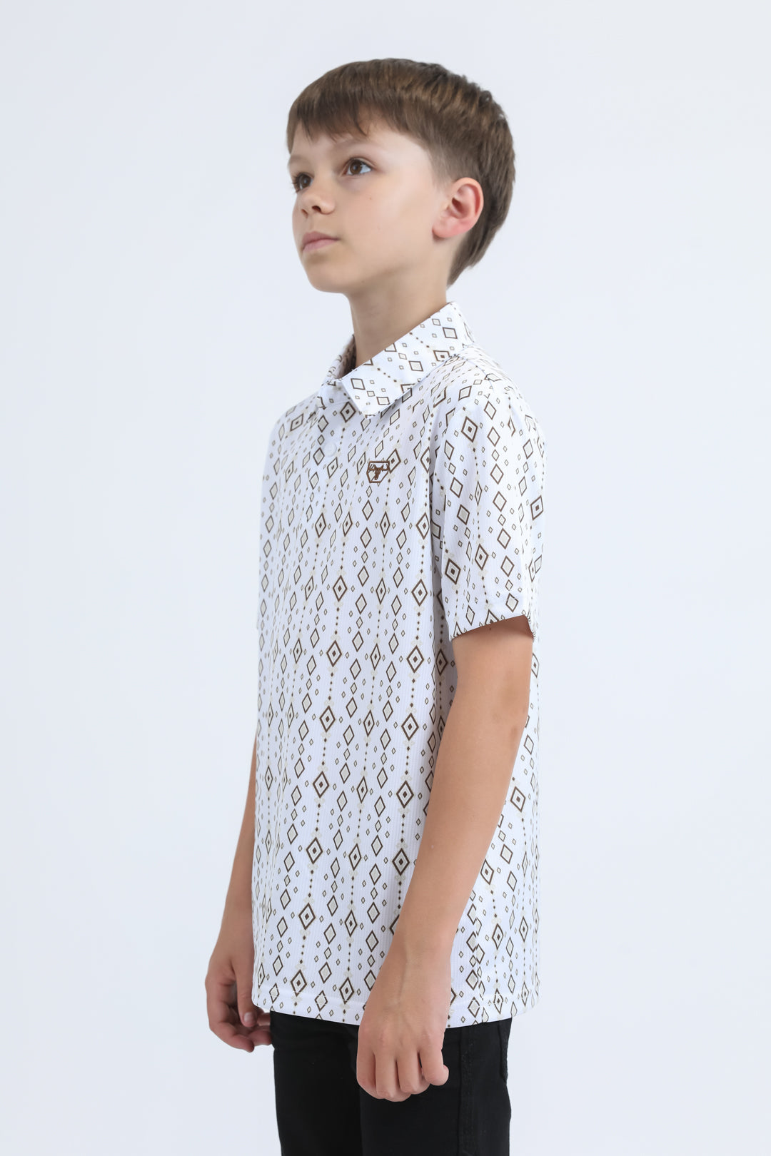 Kids Performance Fabric Modern Fit Stretch Aztec Print White Polo