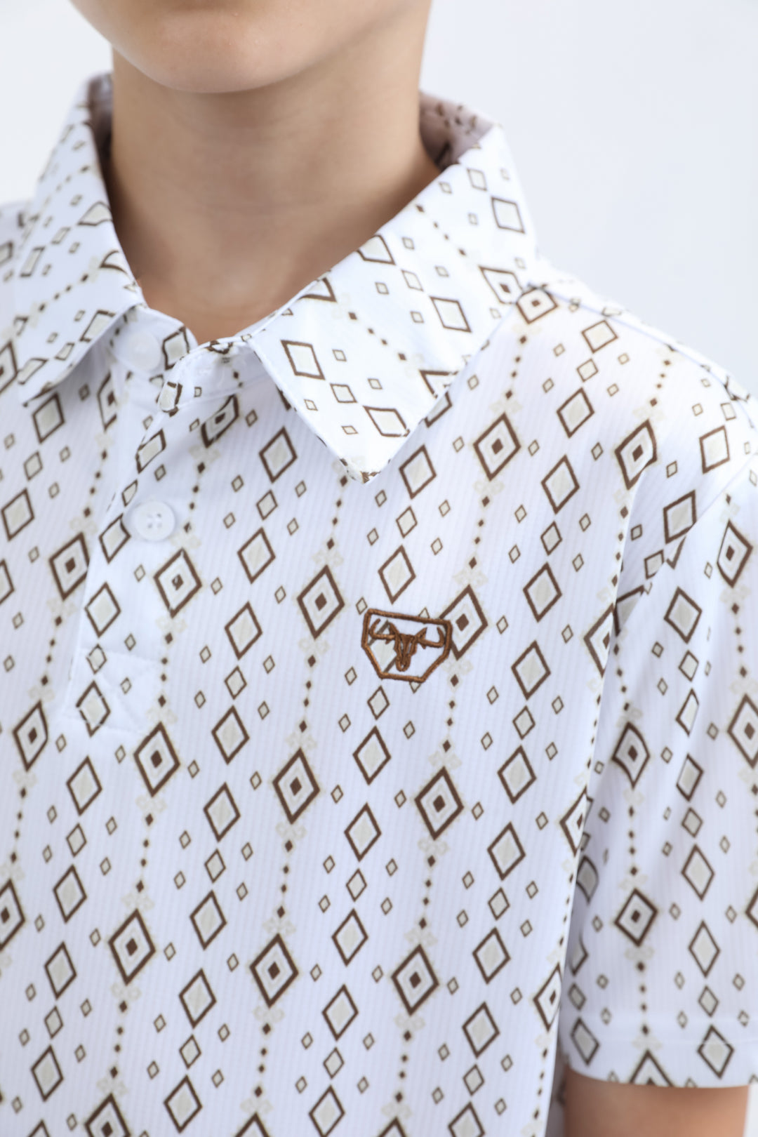 Kids Performance Fabric Modern Fit Stretch Aztec Print White Polo