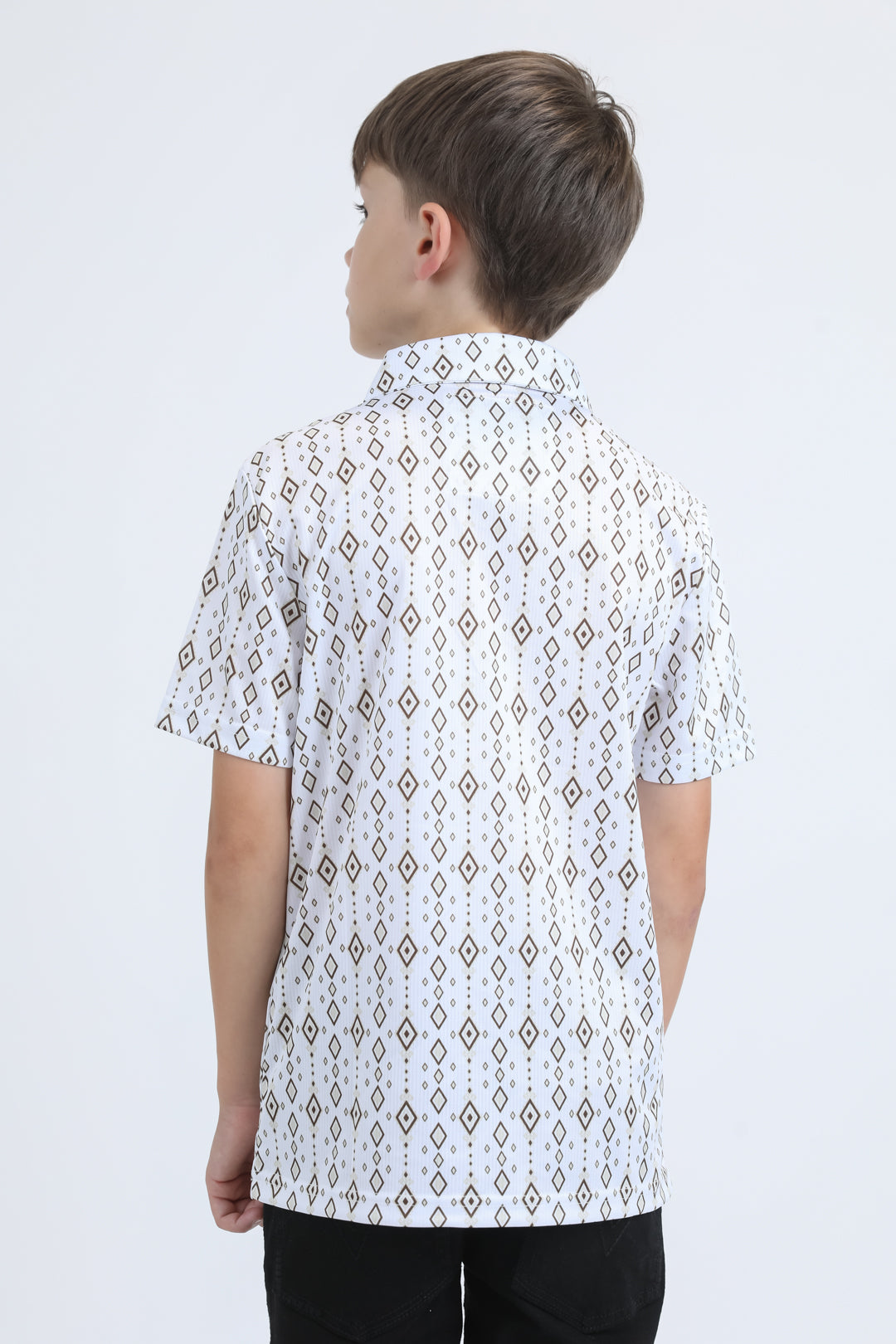Kids Performance Fabric Modern Fit Stretch Aztec Print White Polo