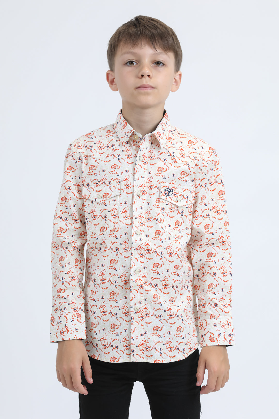 Kid's Western Modern Fit Cotton/Spandex Long Sleeve White Shirt