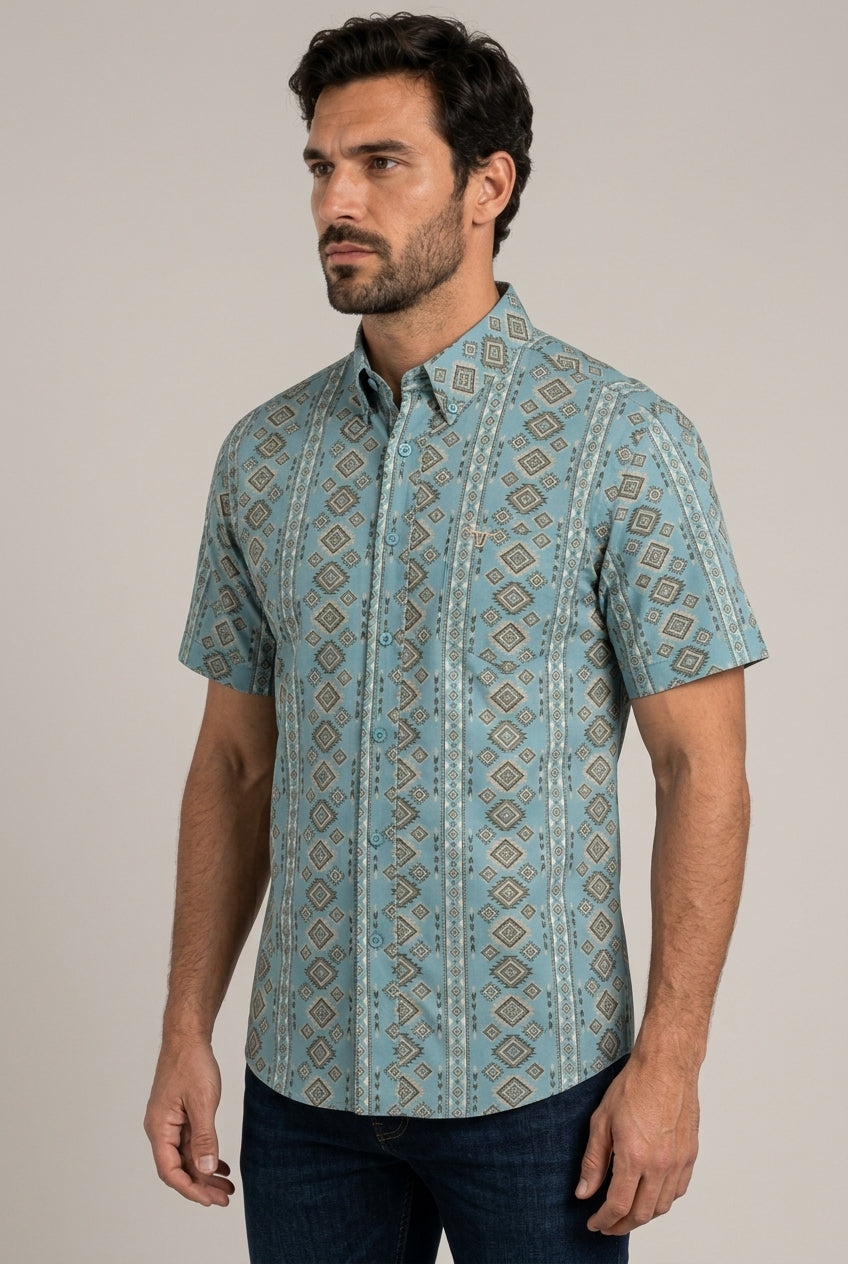 turquoise aztec stripe short sleeve shirt men platini side