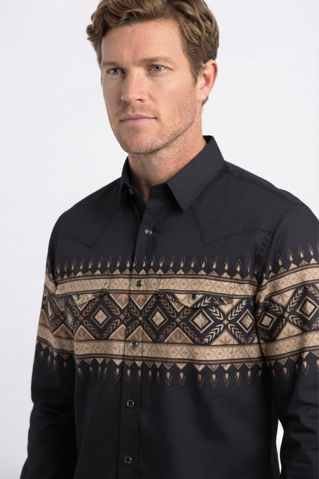 black aztec band western shirt men platini close-up