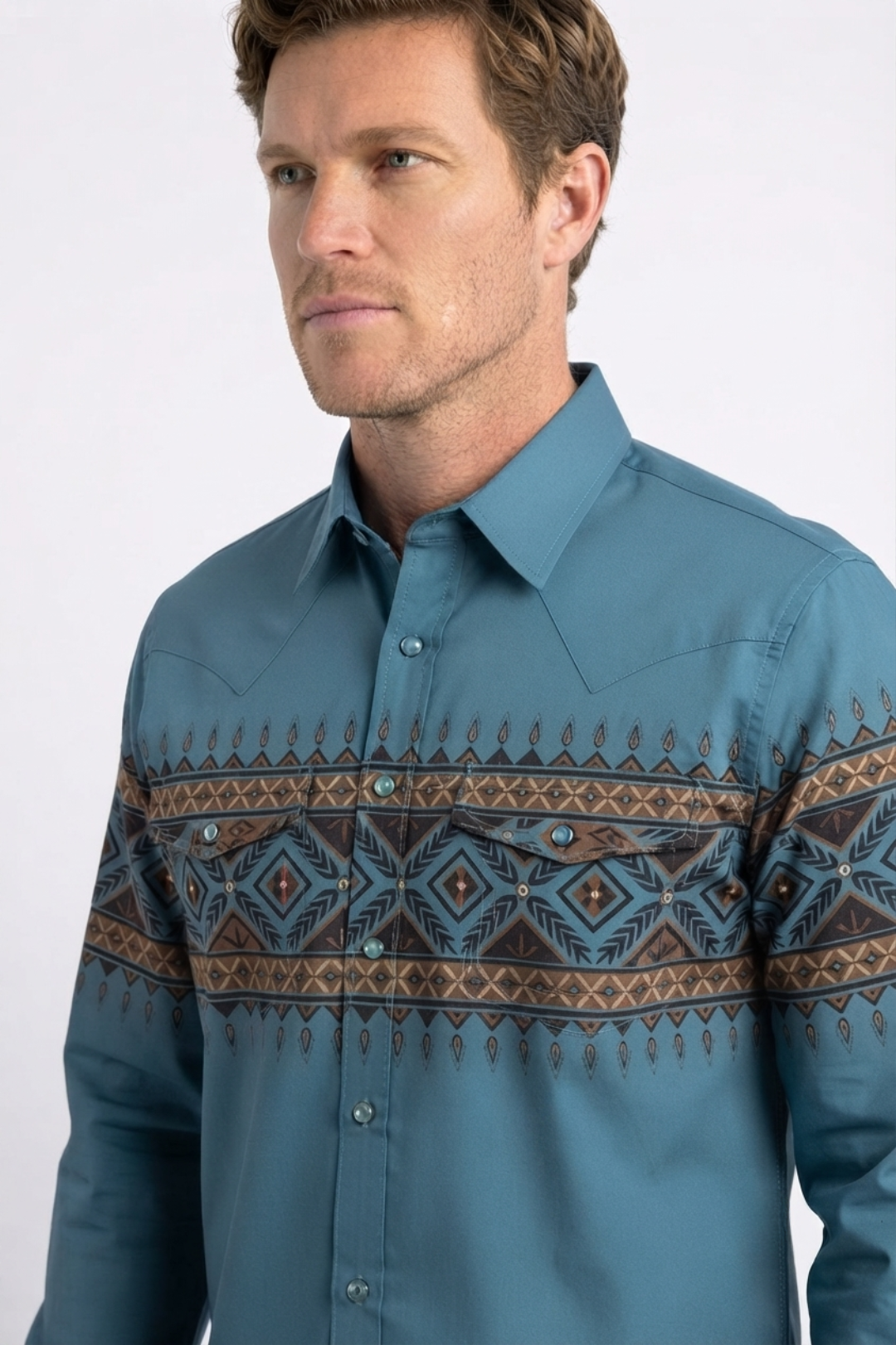 blue aztec band western shirt men platini close-up