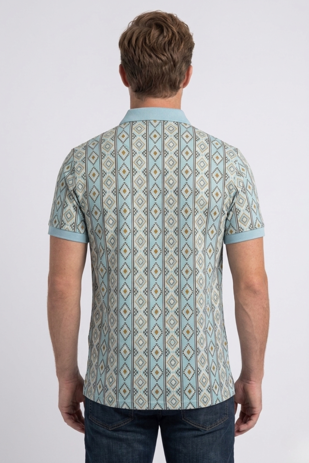 blue vertical geo diamond print polo men platini back