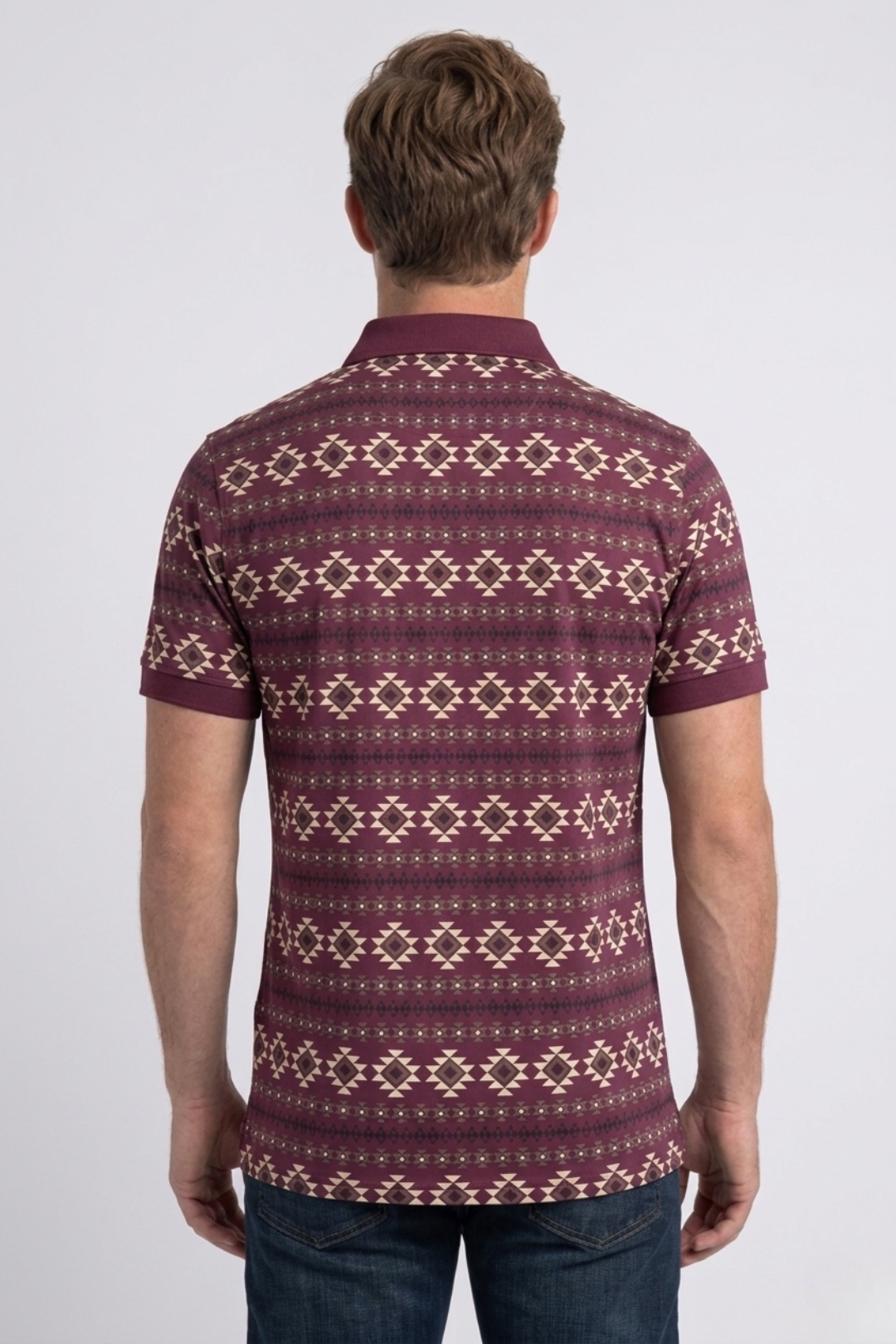 burgundy geometric tribal band print polo men platini close-up