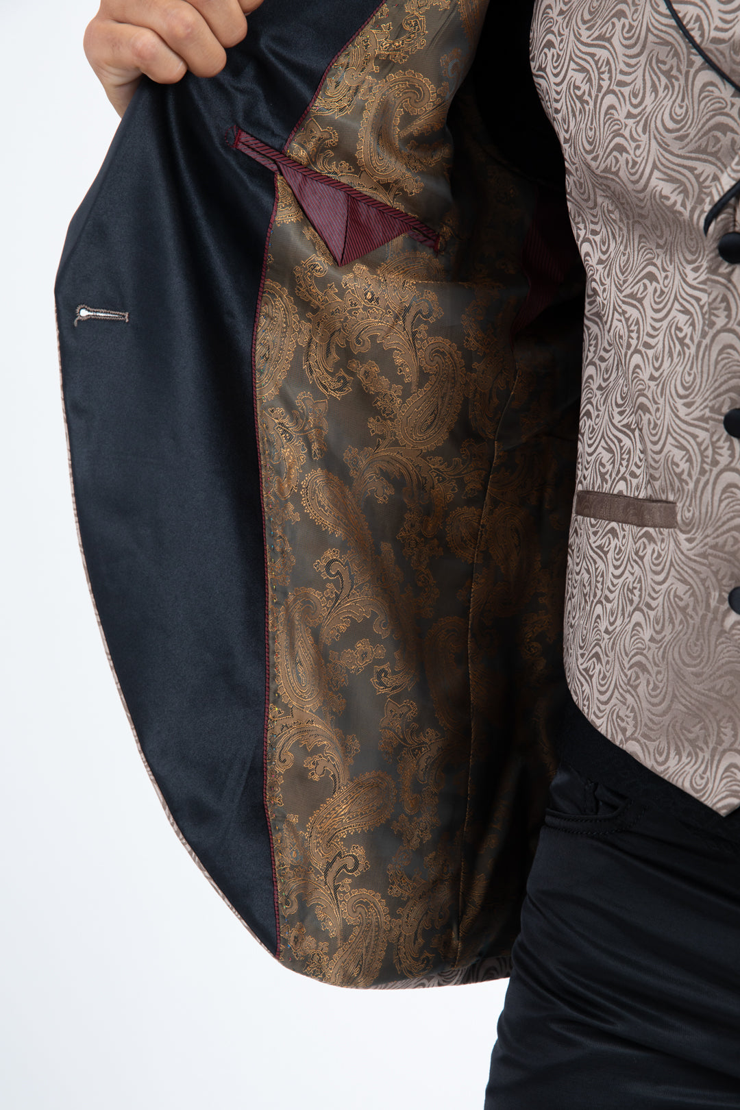 Men Patterned Khaki Double-Breasted Blazer & Vest Set