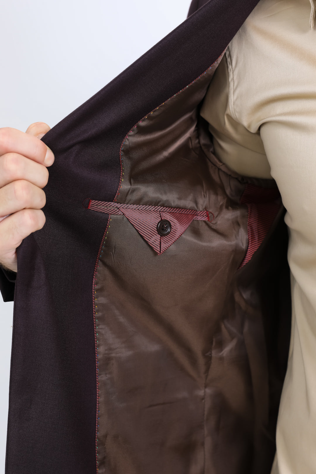 burgundy double button western blazer men platini interior detail