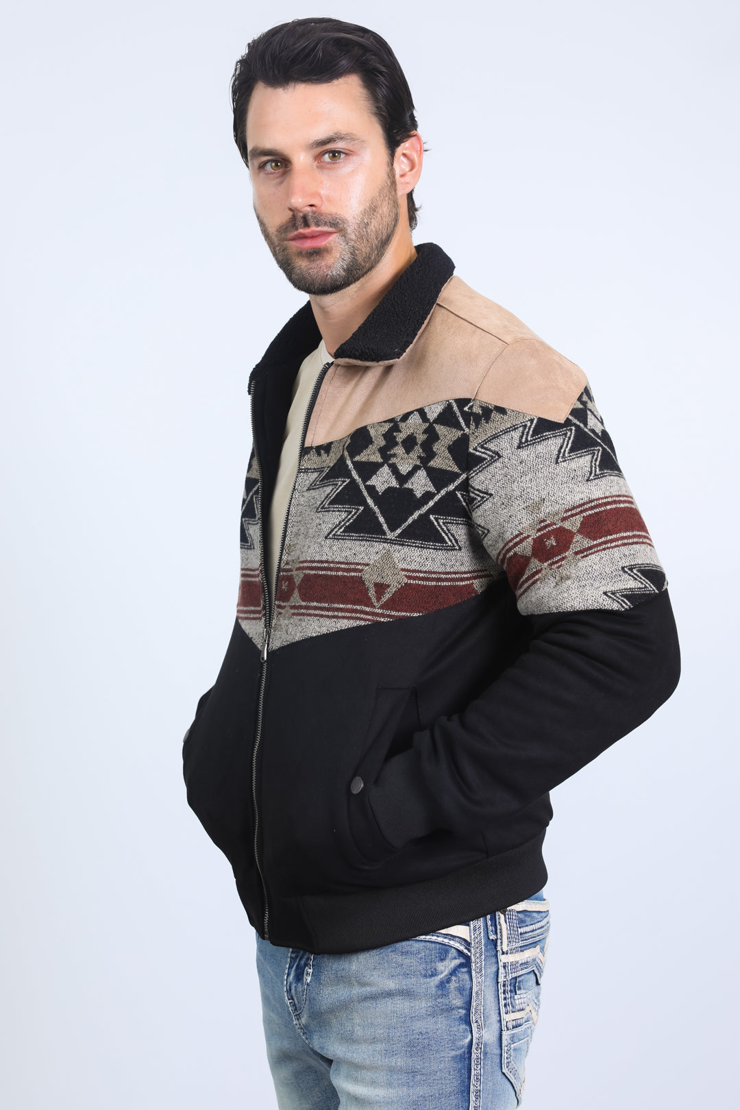 Mens Ethnic Aztec Quilted Twill Black/Beige Jacket W/Suede Accents