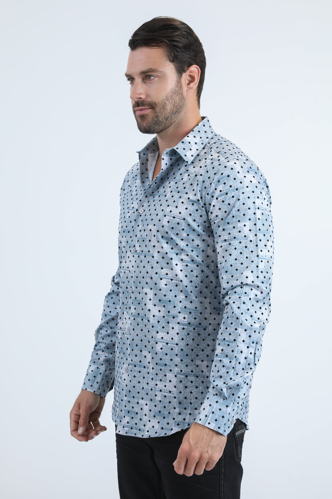 blue abstract patchwork modern shirt men platini back
