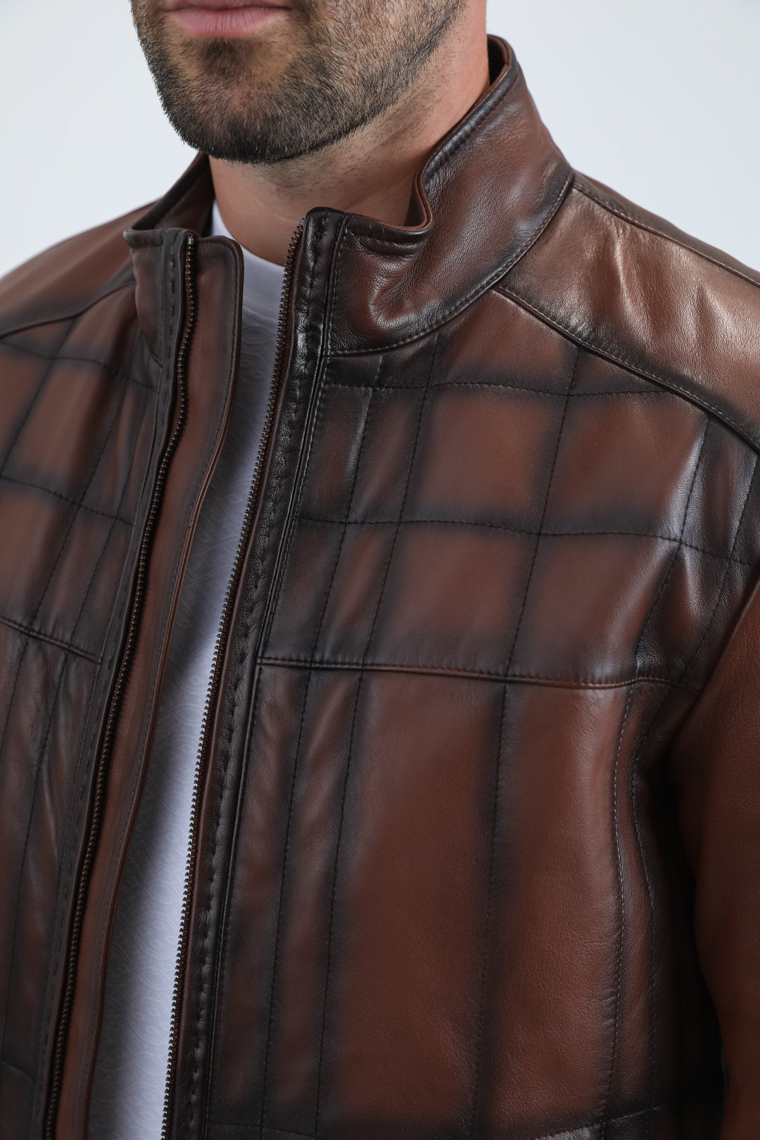 Mens Genuine Leather Quilted Burning Brown Jacket
