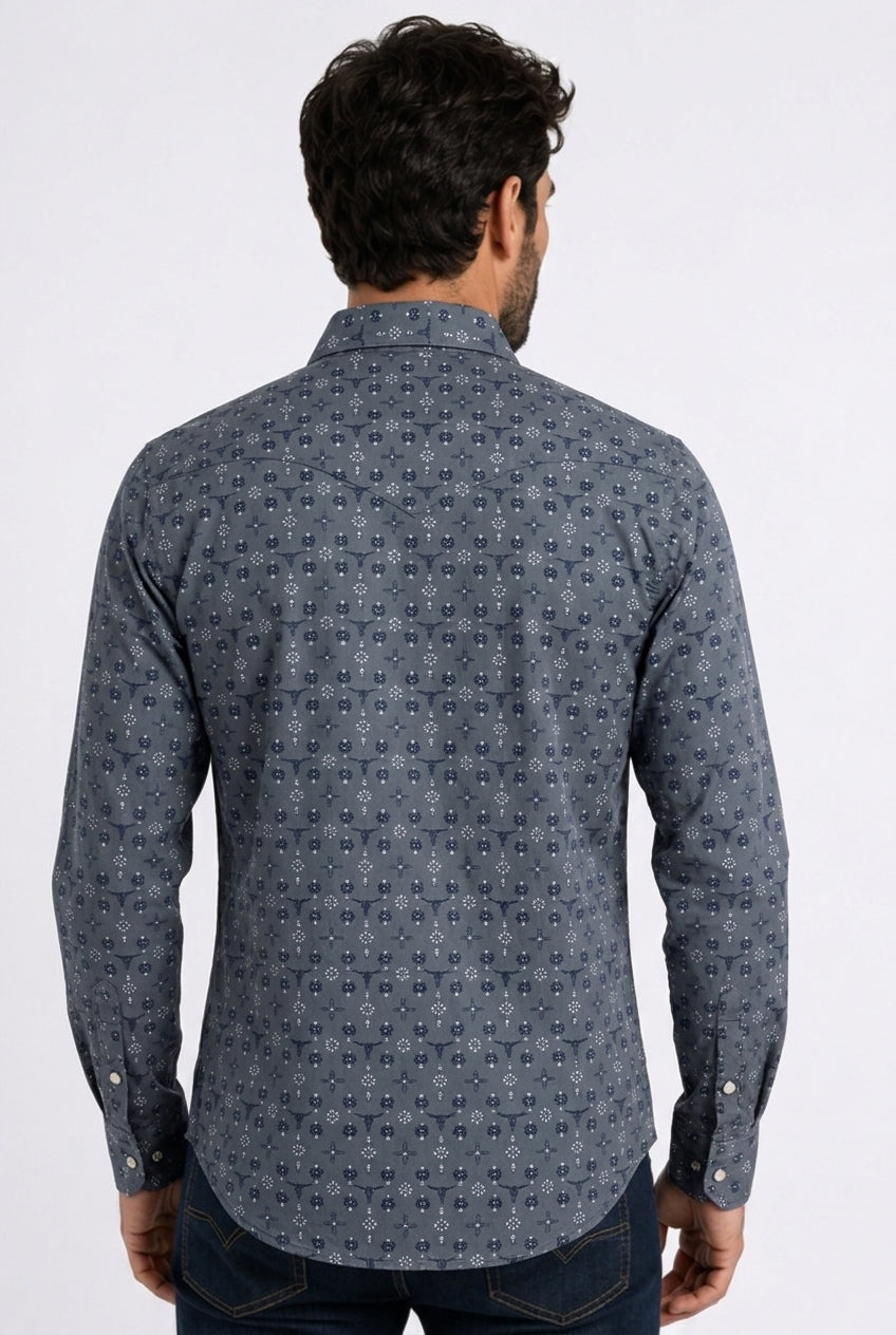 grey longhorn medallion western shirt men platini detail