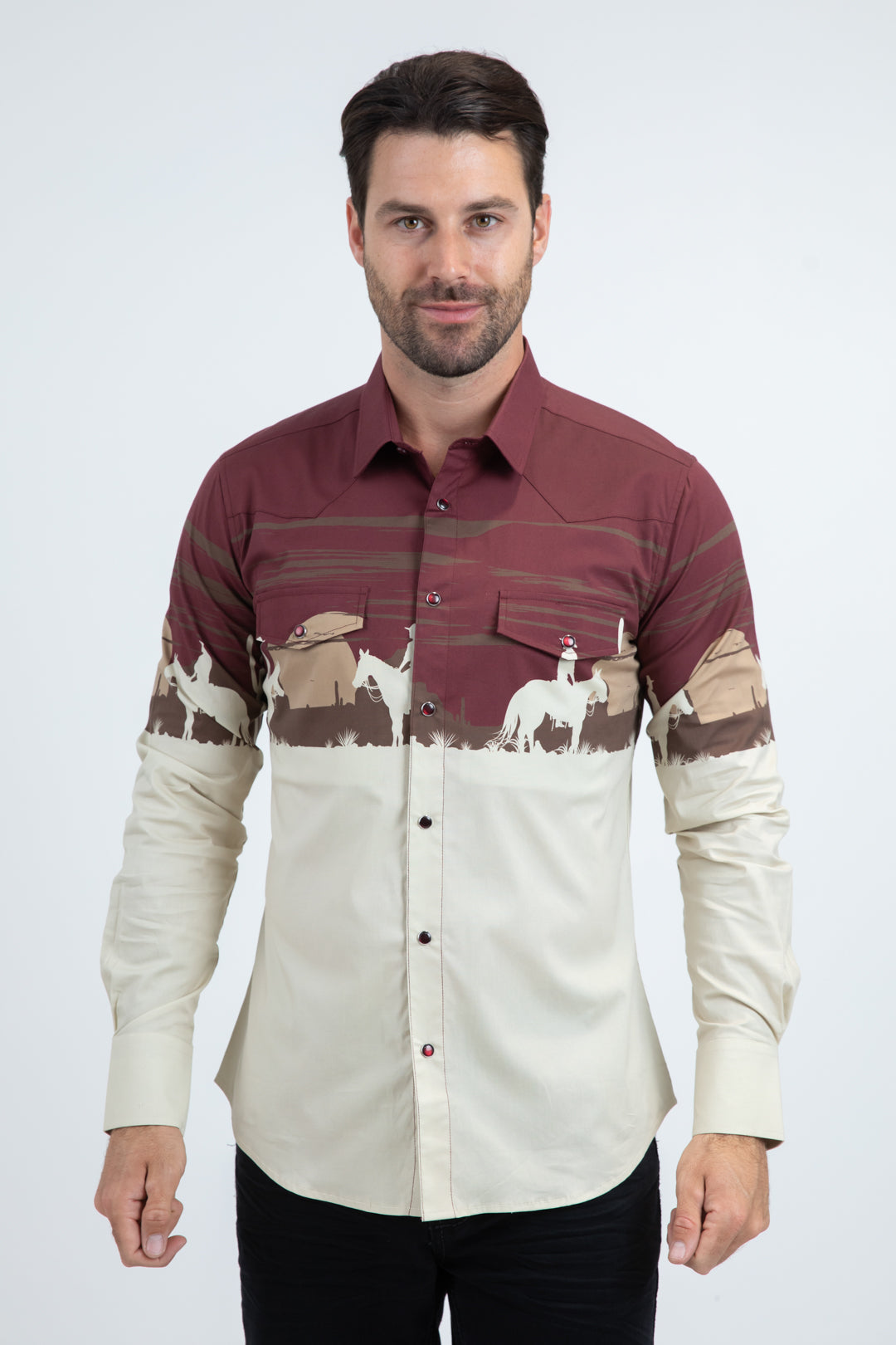 Men's Modern Fit Cotton Stretch Rodeo Panoramic Print Beige Shirt