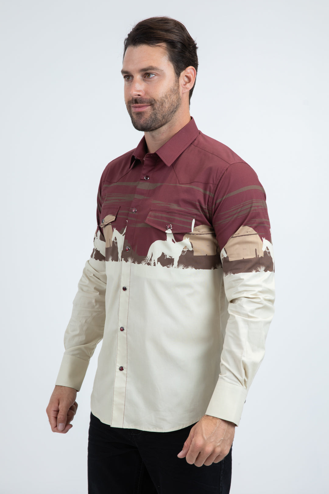 Men's Modern Fit Cotton Stretch Rodeo Panoramic Print Beige Shirt