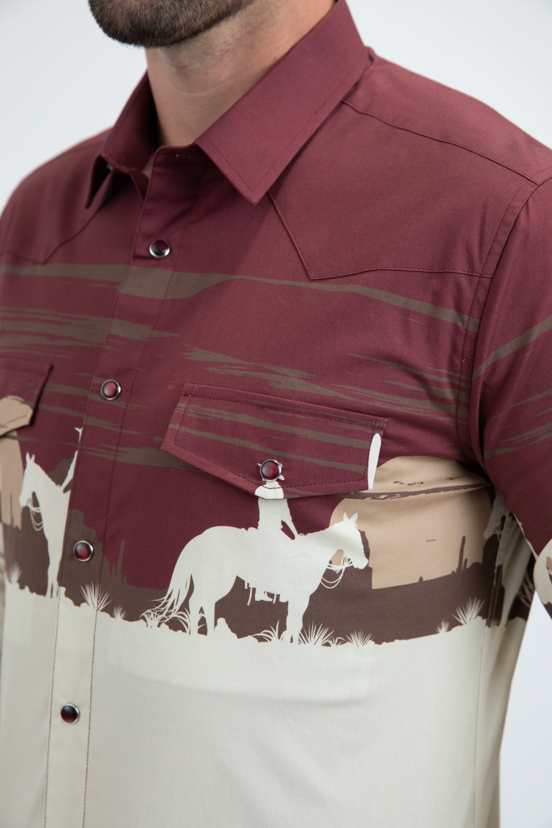 Men's Modern Fit Cotton Stretch Rodeo Panoramic Print Beige Shirt