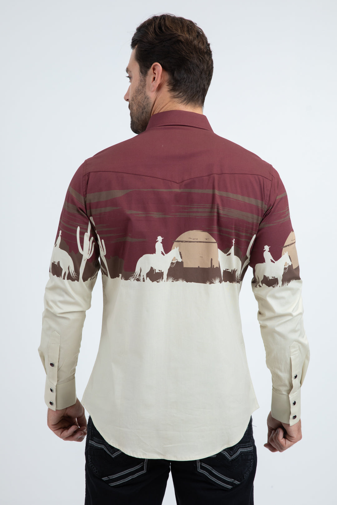 Men's Modern Fit Cotton Stretch Rodeo Panoramic Print Beige Shirt