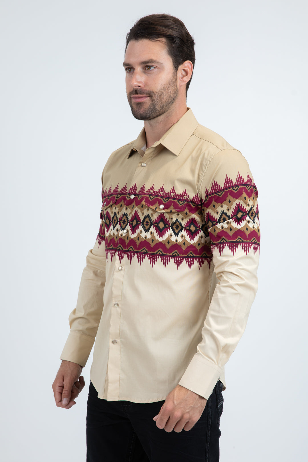 Men's Modern Fit Cotton Stretch Rodeo Panoramic Print Beige Shirt