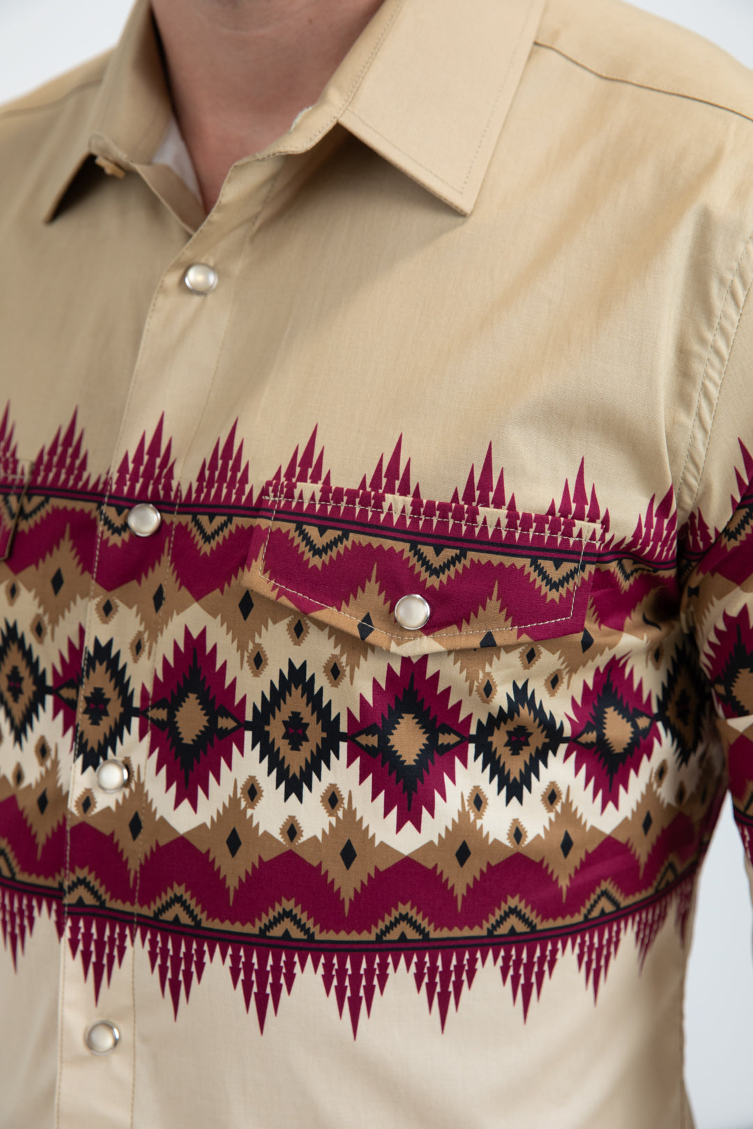Men's Modern Fit Cotton Stretch Rodeo Panoramic Print Beige Shirt
