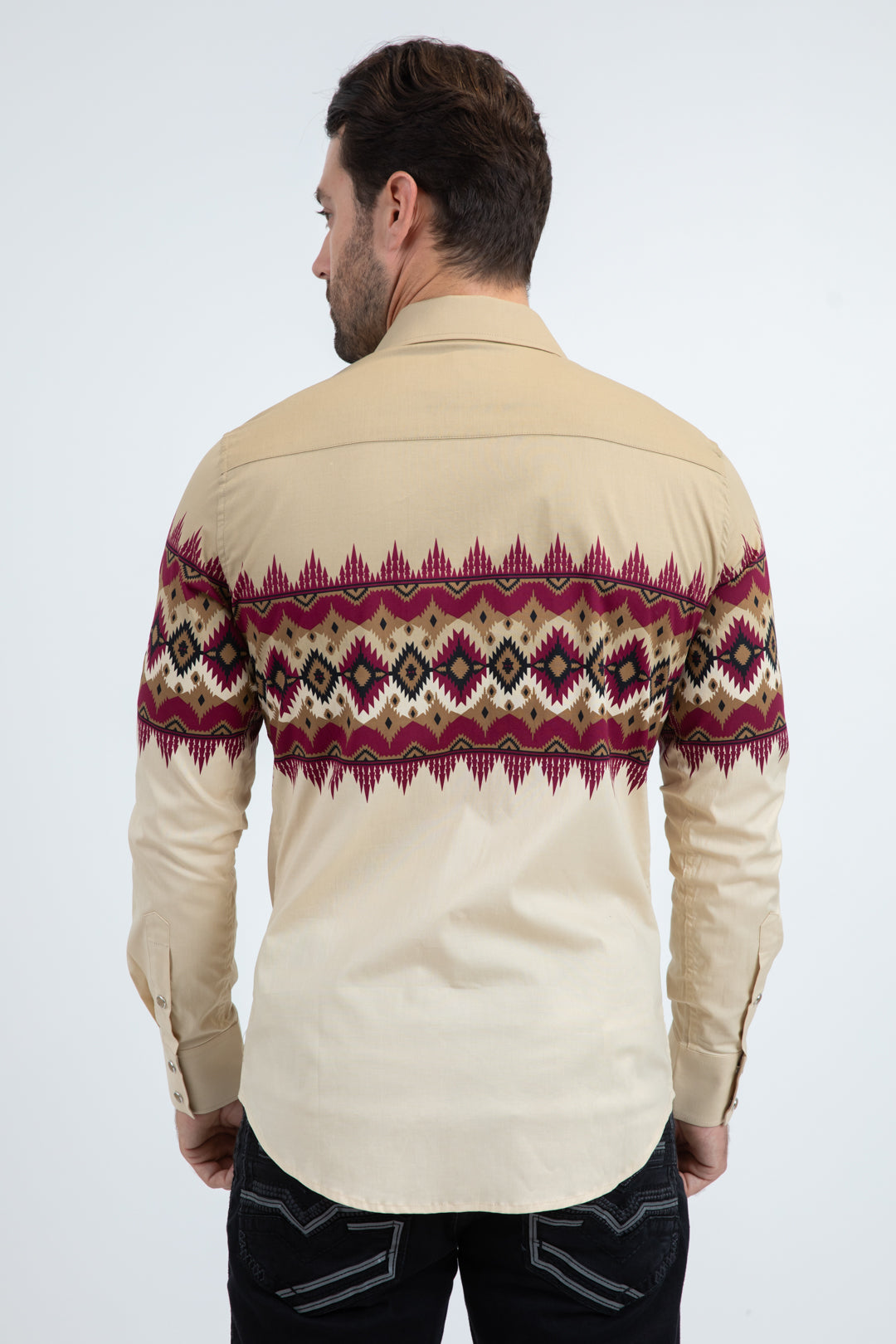 Men's Modern Fit Cotton Stretch Rodeo Panoramic Print Beige Shirt