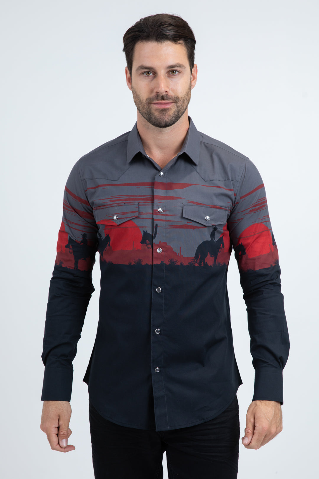Men's Modern Fit Cotton Stretch Rodeo Panoramic Print Black Shirt