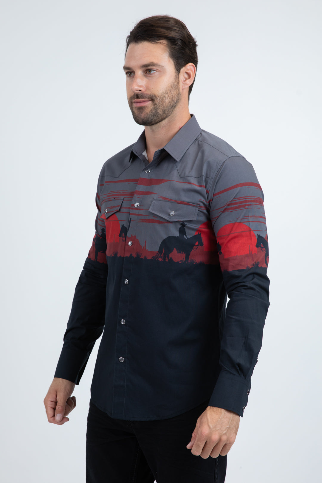 Men's Modern Fit Cotton Stretch Rodeo Panoramic Print Black Shirt