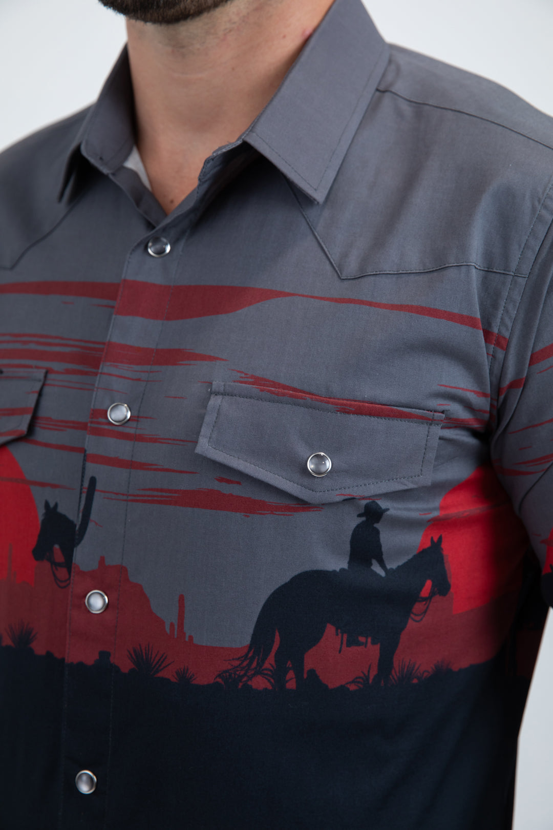 Men's Modern Fit Cotton Stretch Rodeo Panoramic Print Black Shirt