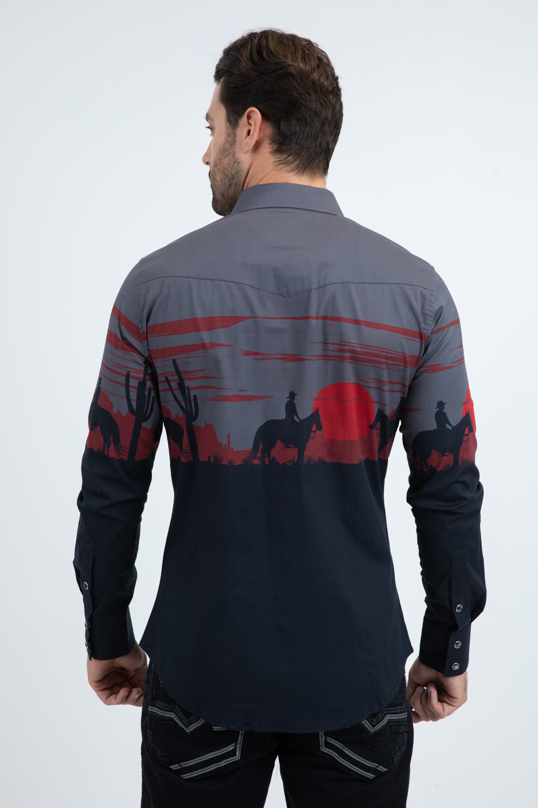 Men's Modern Fit Cotton Stretch Rodeo Panoramic Print Black Shirt
