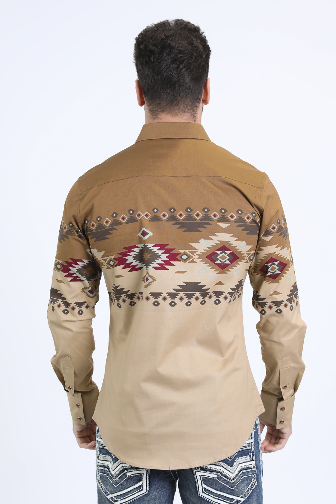 Men's Modern Fit Cotton Stretch Rodeo Panoramic Print Beige Shirt