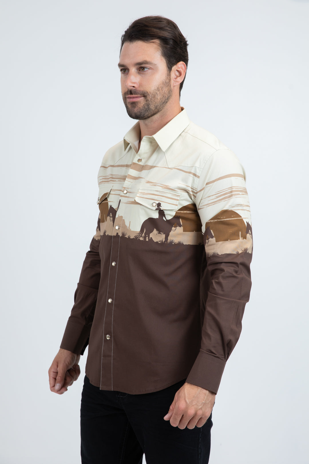 Men's Modern Fit Cotton Stretch Rodeo Panoramic Print Brown Shirt