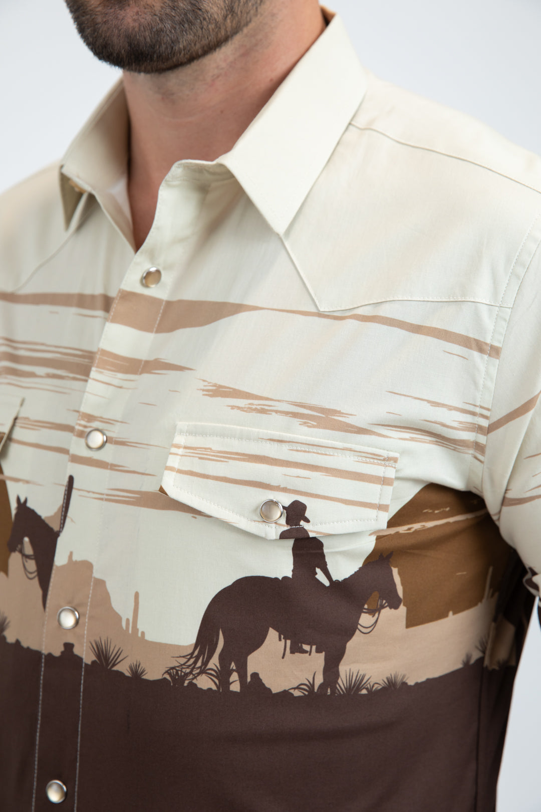 Men's Modern Fit Cotton Stretch Rodeo Panoramic Print Brown Shirt