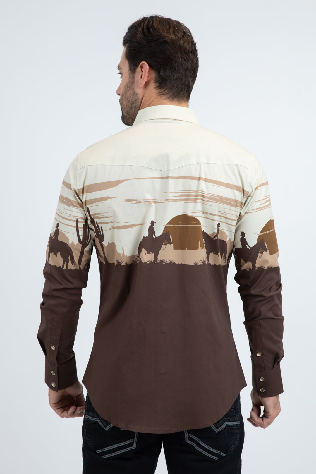 Men's Modern Fit Cotton Stretch Rodeo Panoramic Print Brown Shirt