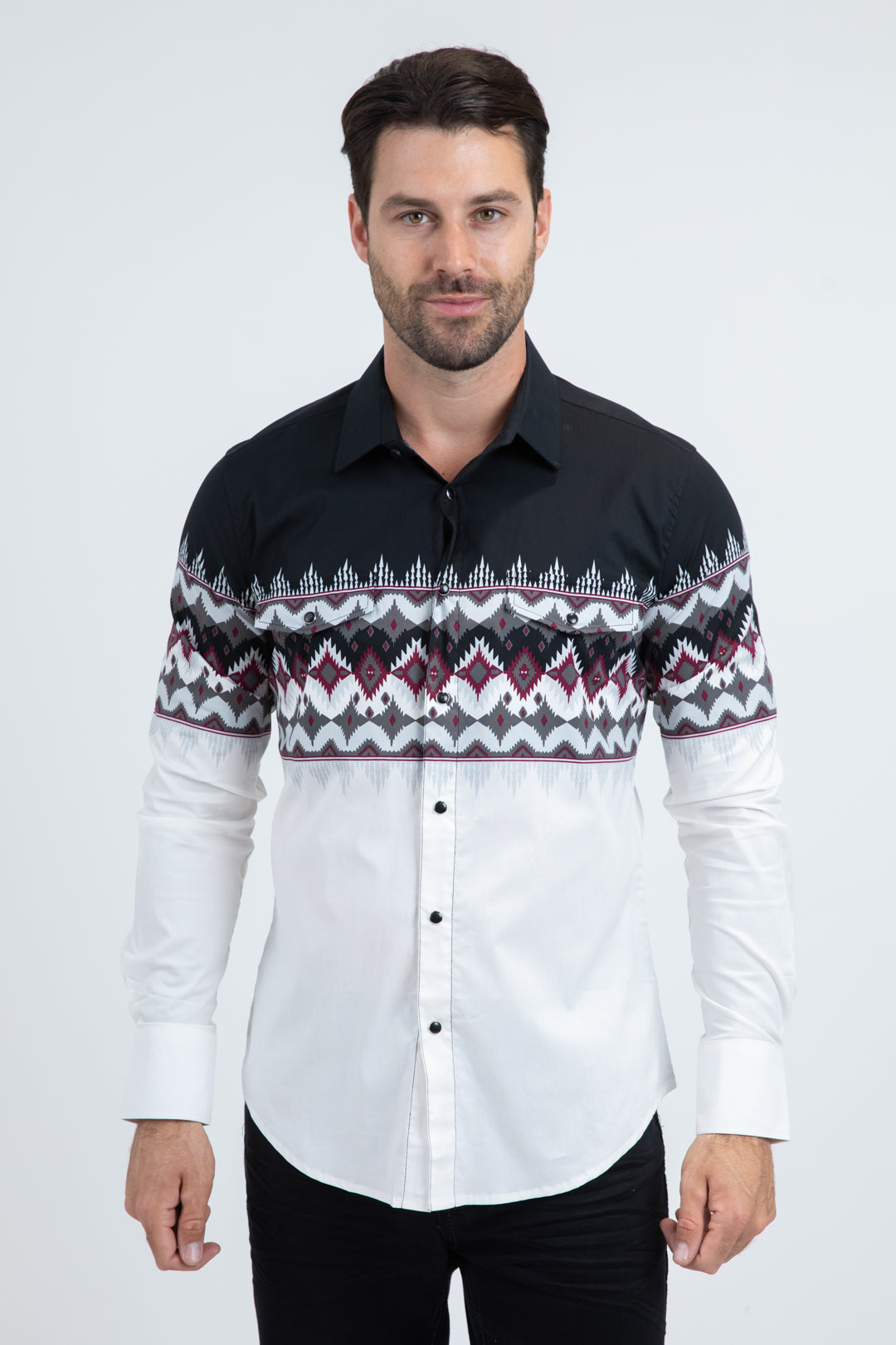 Men's Modern Fit Cotton Stretch Rodeo Panoramic Print White Shirt