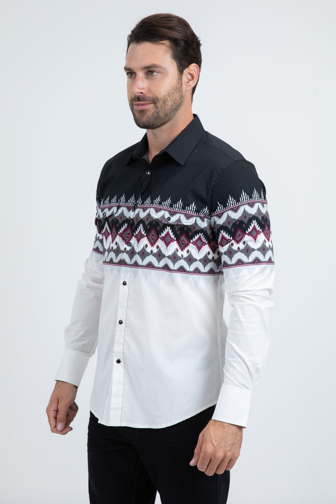 Men's Modern Fit Cotton Stretch Rodeo Panoramic Print White Shirt