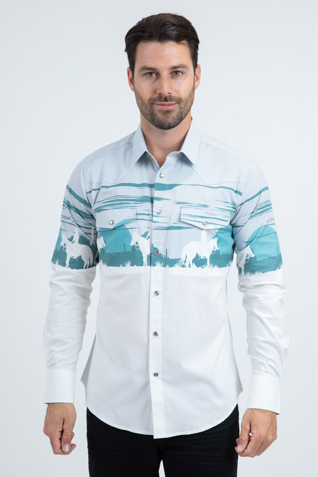 Men's Modern Fit Cotton Stretch Rodeo Panoramic Print White Shirt