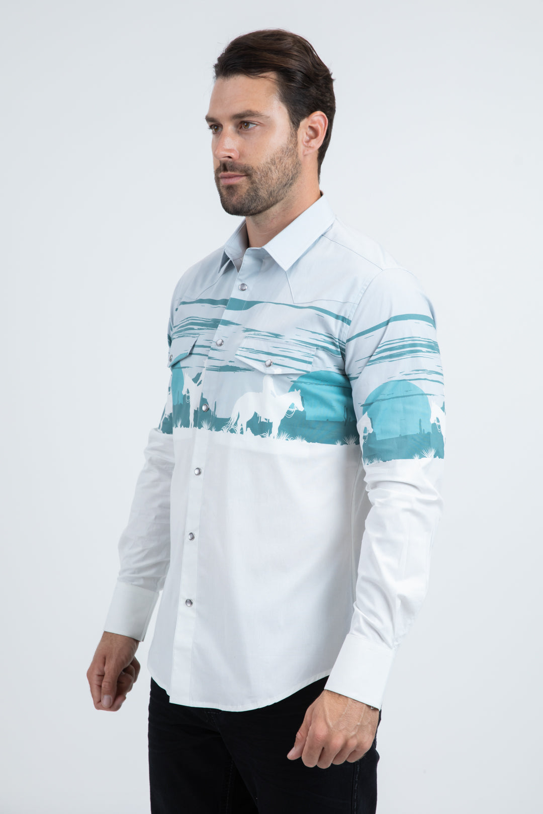 Men's Modern Fit Cotton Stretch Rodeo Panoramic Print White Shirt