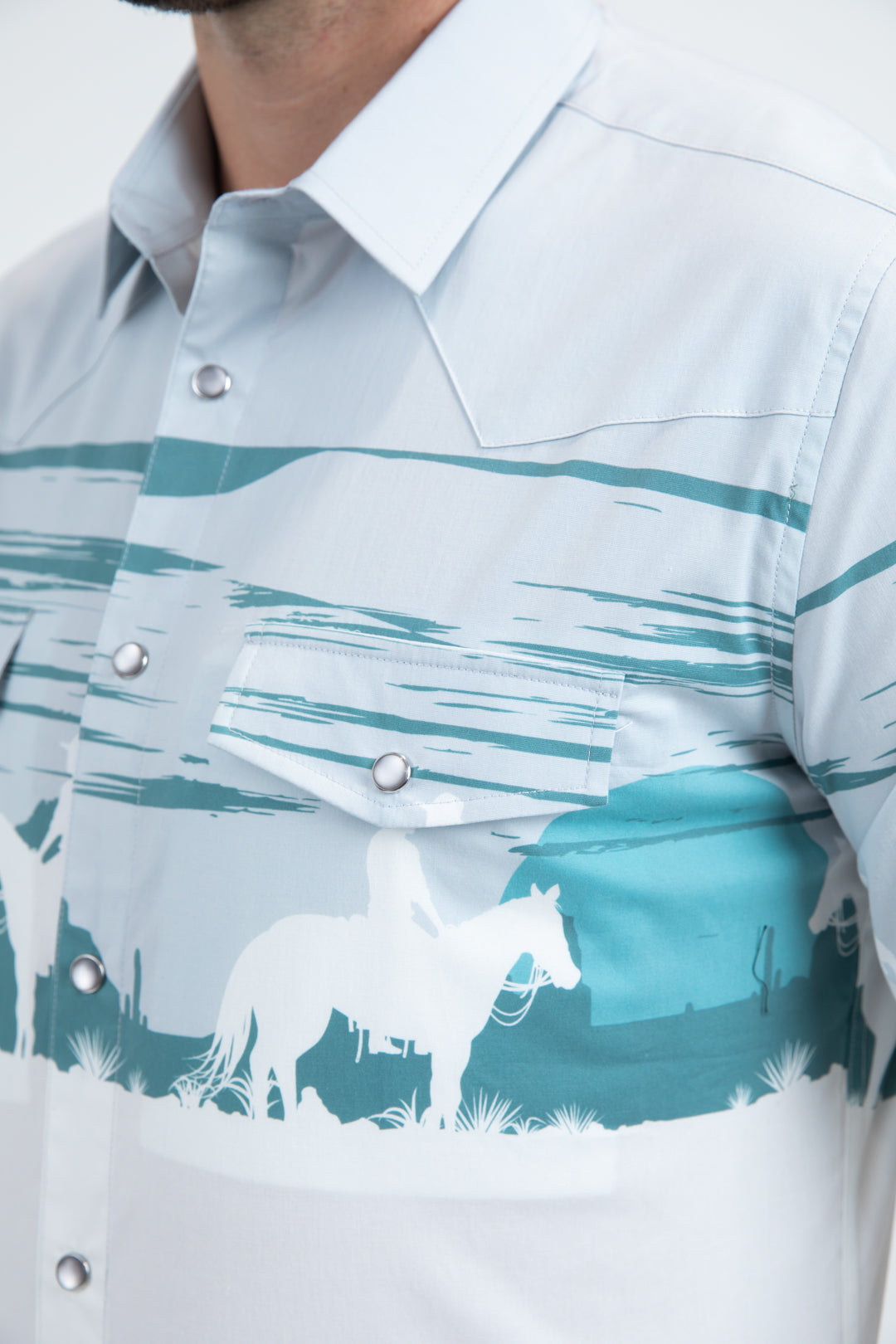 Men's Modern Fit Cotton Stretch Rodeo Panoramic Print White Shirt