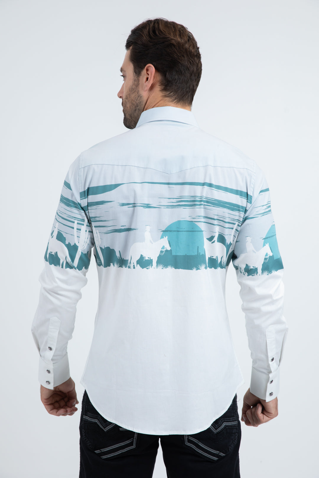 Men's Modern Fit Cotton Stretch Rodeo Panoramic Print White Shirt