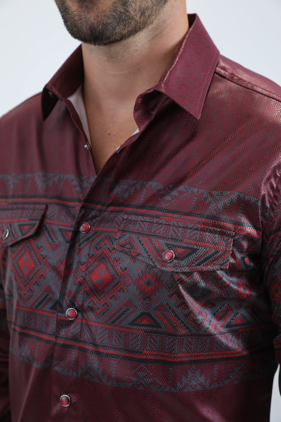burgundy geometric western band shirt men platini detail-2