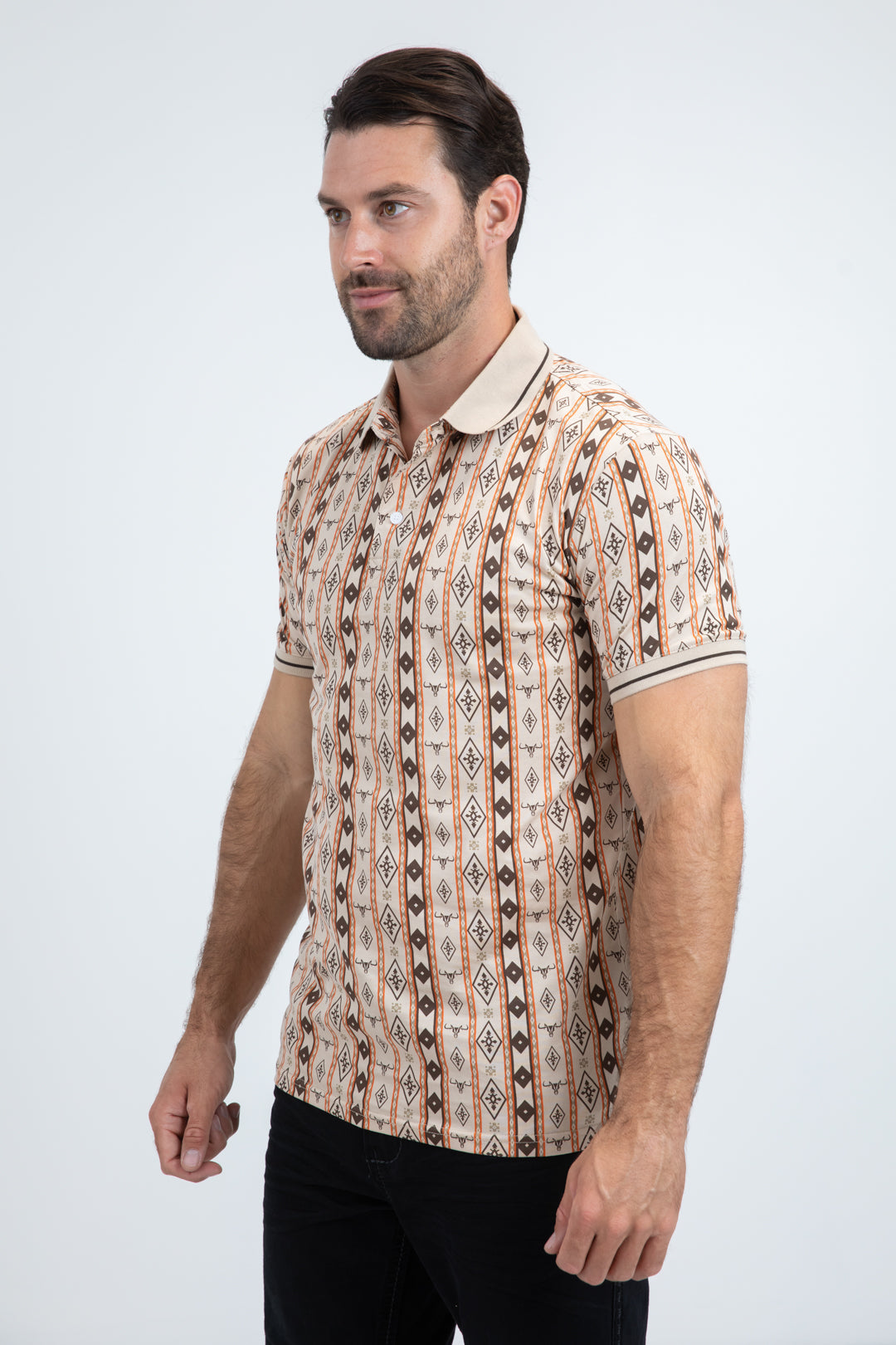 beige ethnic stripe polo men platini back