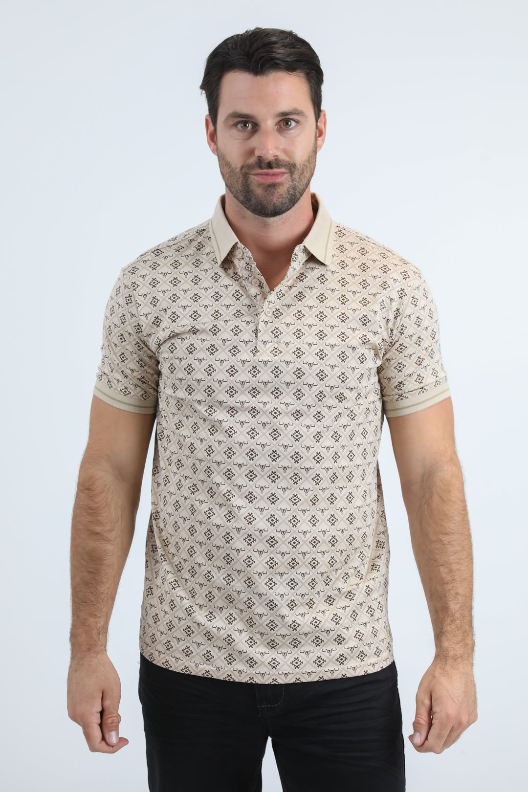 Mens Modern Fit Stretch Cotton Beige Polo with Aztec Print