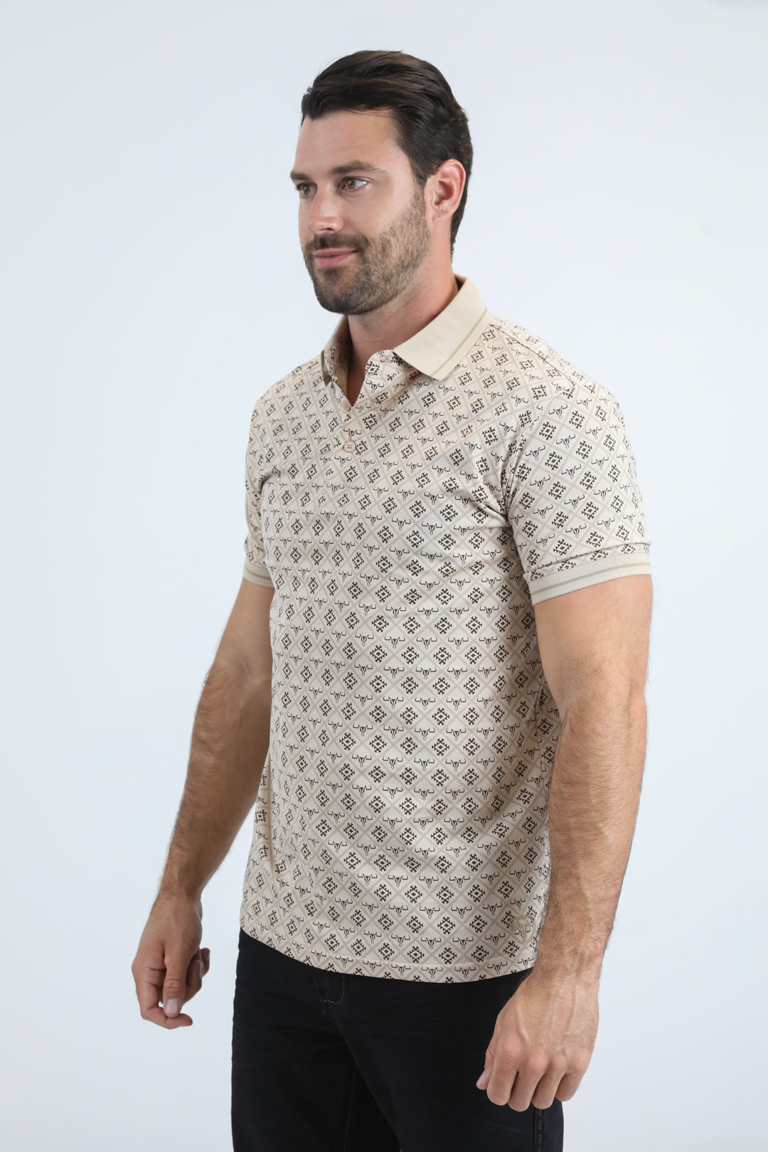 Mens Modern Fit Stretch Cotton Beige Polo with Aztec Print