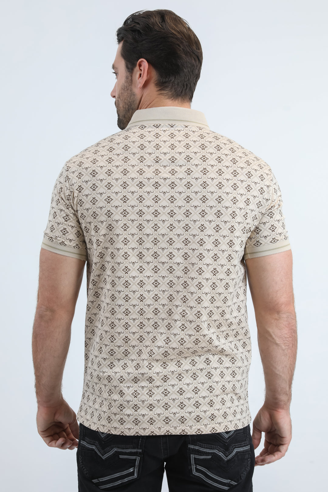 Mens Modern Fit Stretch Cotton Beige Polo with Aztec Print